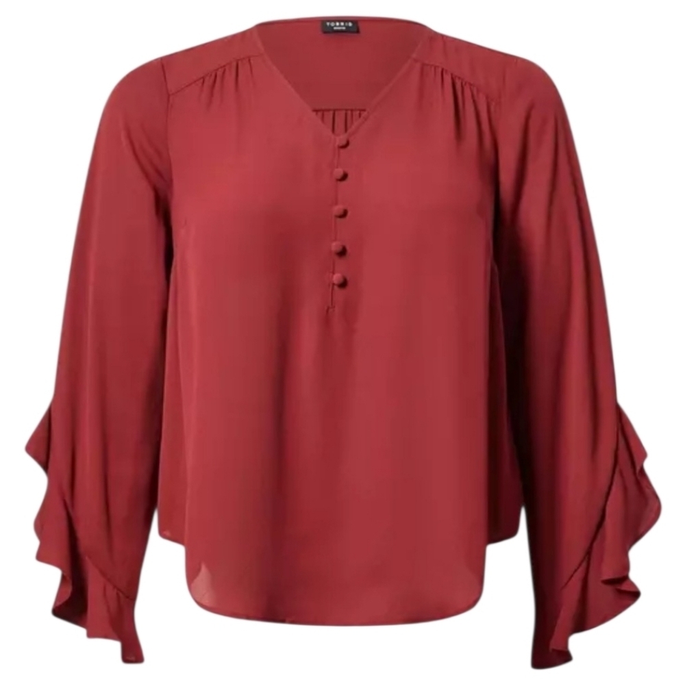 Torrid Long Ruffle Sleeve Top Button Front Flowy Shirttail Hem Blouse Size 2 2X